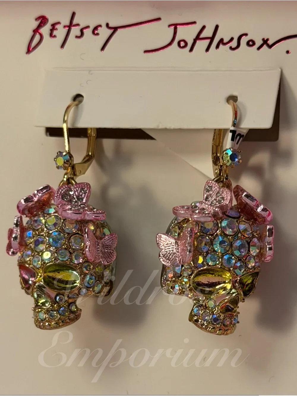 Betsey Johnson Halloween beautiful Sugar Skull pink butterfly necklace earrings